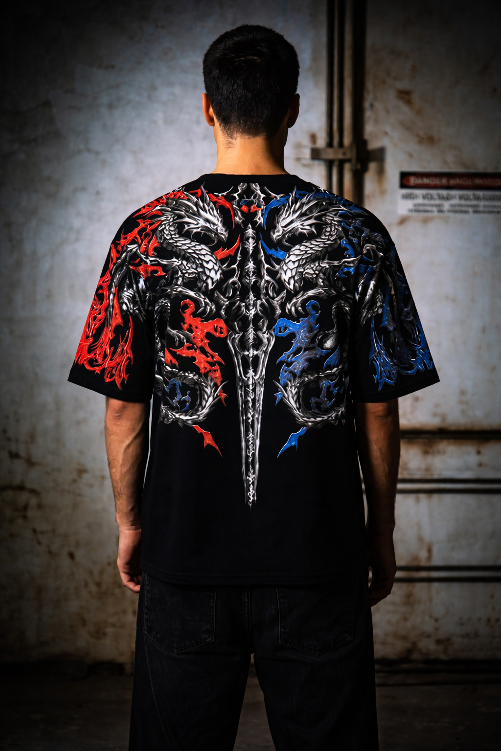 Dual Dragon Graphic T-Shirt – Red & Blue Streetwear
