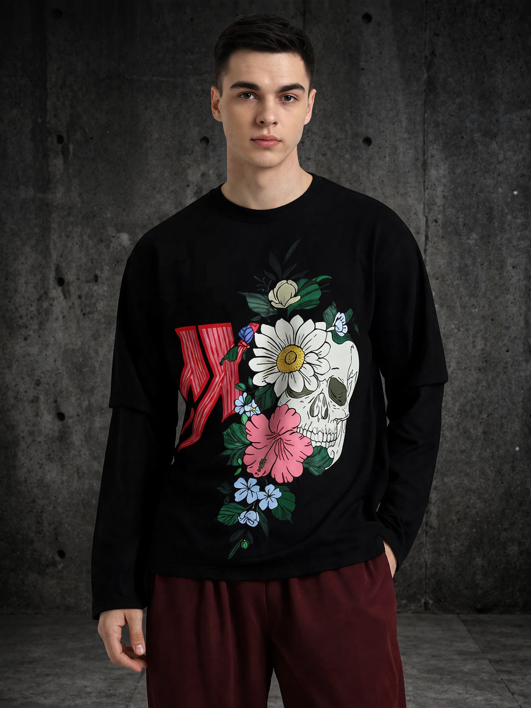 Floral Skull Graphic Sweatshirt – Black Streetwear